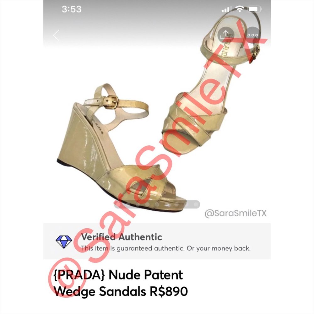 PRADA Nude Designer Patent Leather Wedge Sandals - Picture 2 of 10